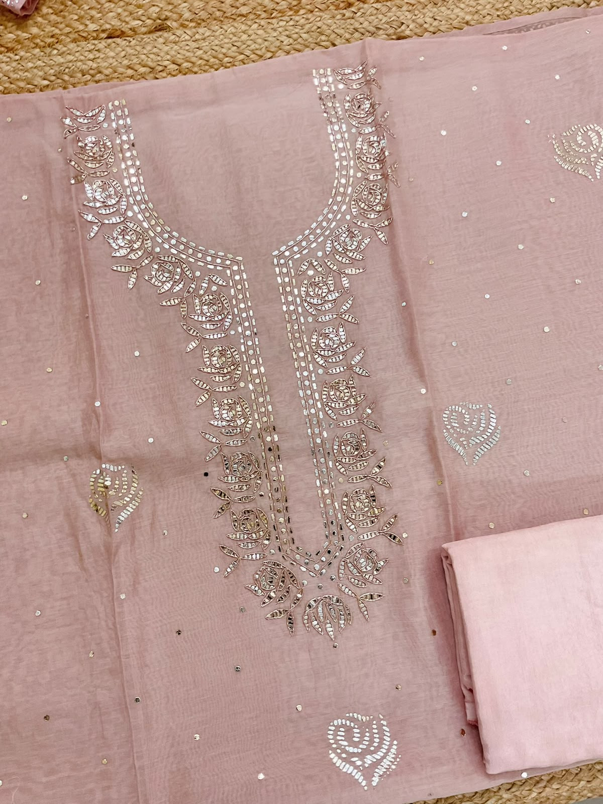 Pure Chanderi Foil Work Suit - Light Onion Pink