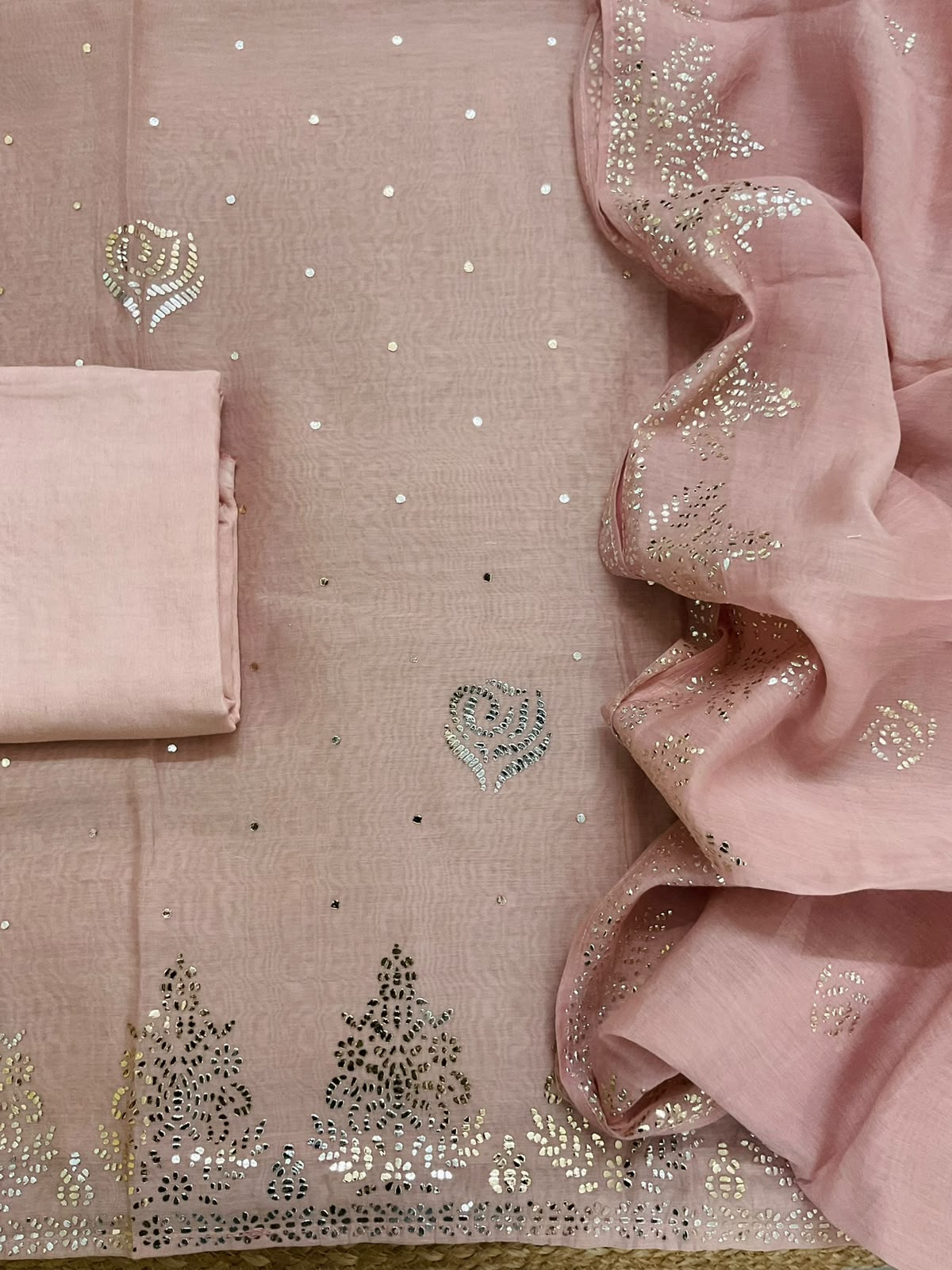 Pure Chanderi Foil Work Suit - Light Onion Pink