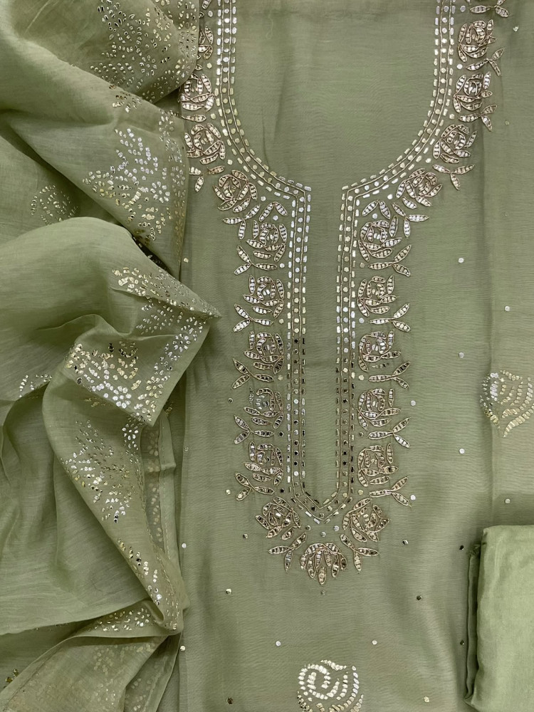 Image of Pure Chanderi Foil Work Suit - Green