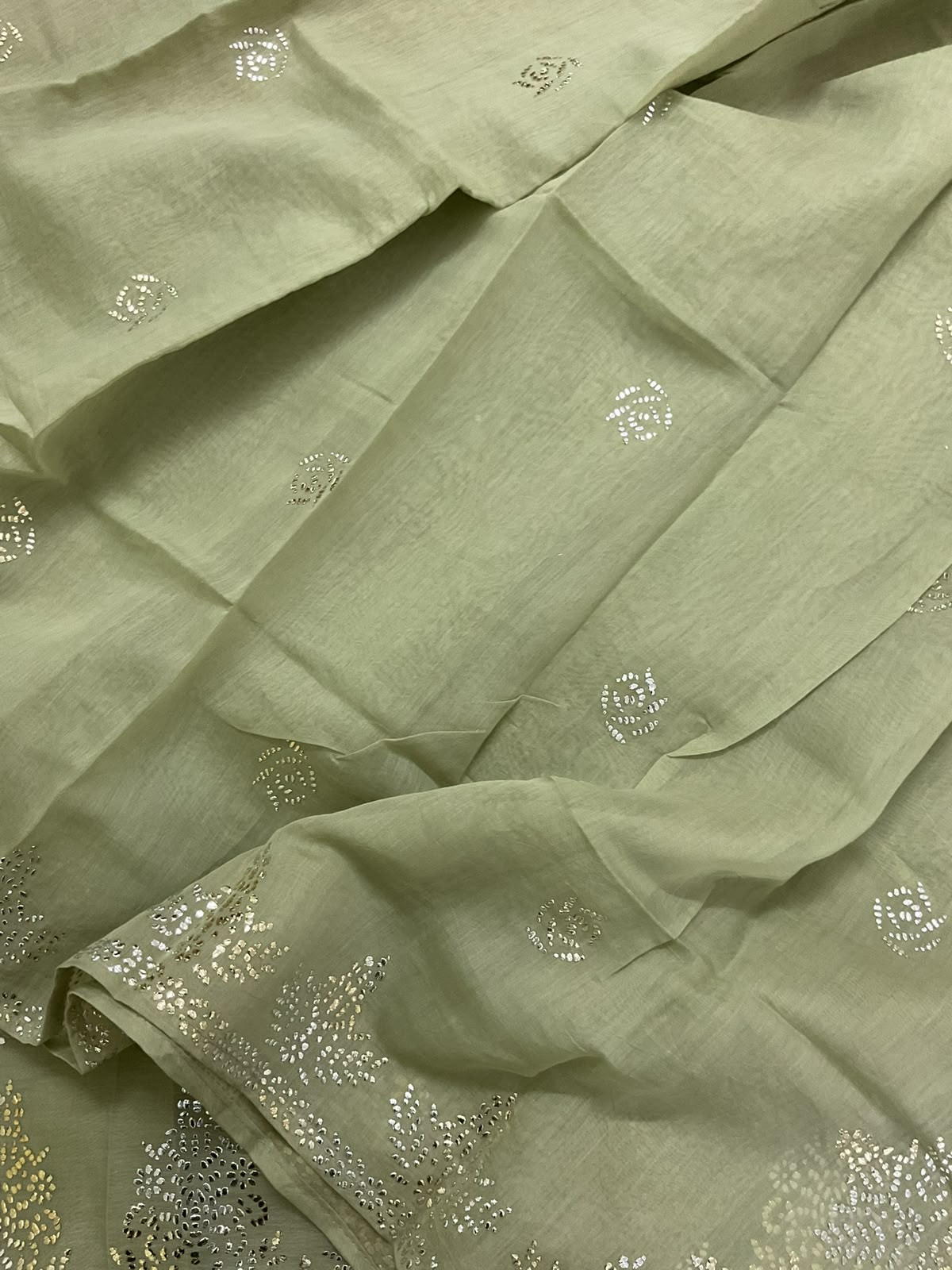 Pure Chanderi Foil Work Suit - Green