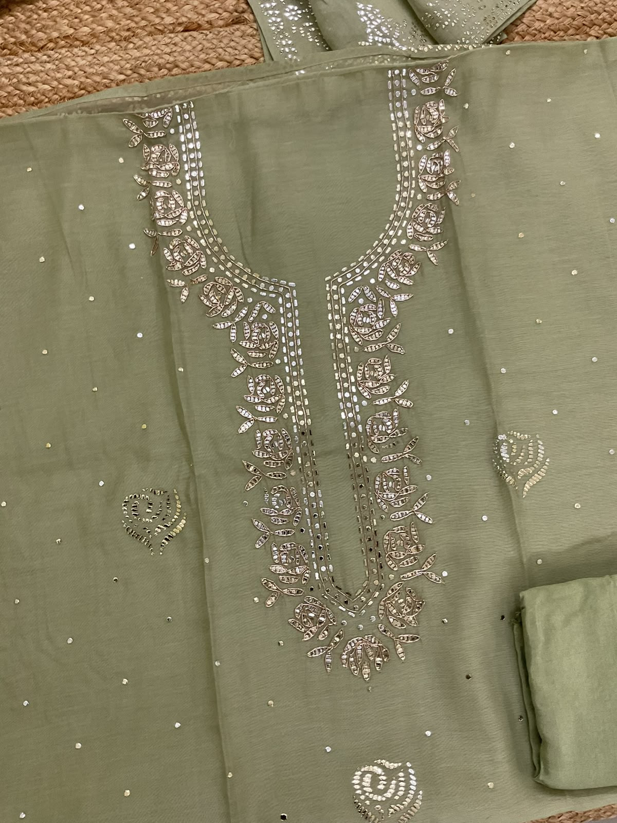 Pure Chanderi Foil Work Suit - Green