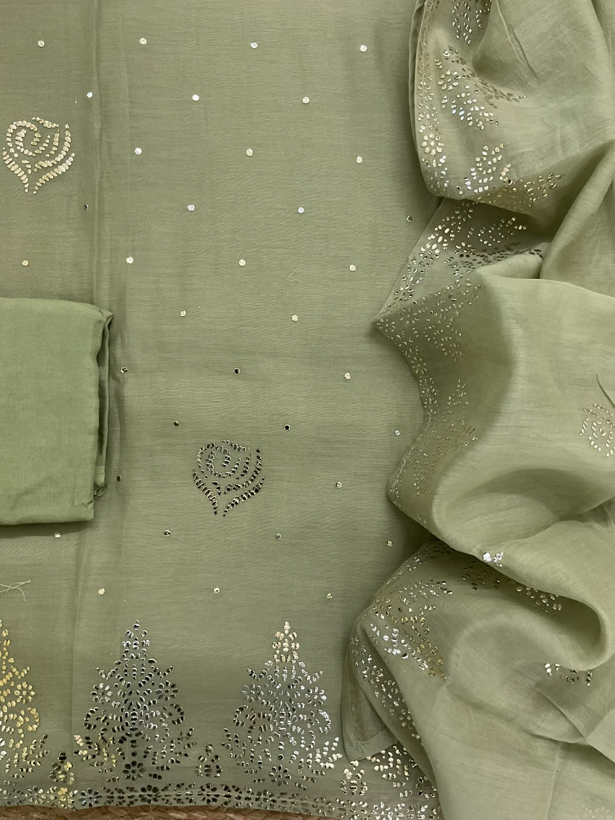 Pure Chanderi Foil Work Suit - Green