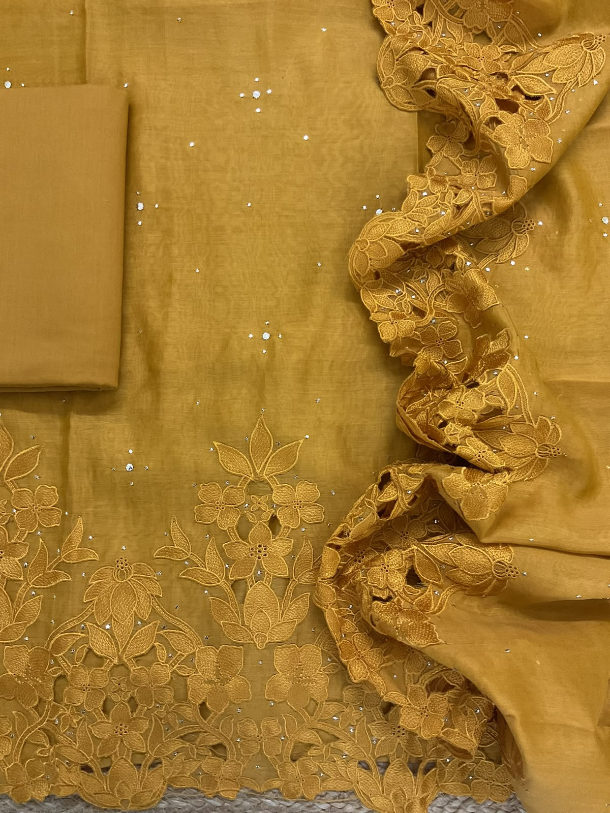 Pure Chanderi Embroidered Suit - Yellow