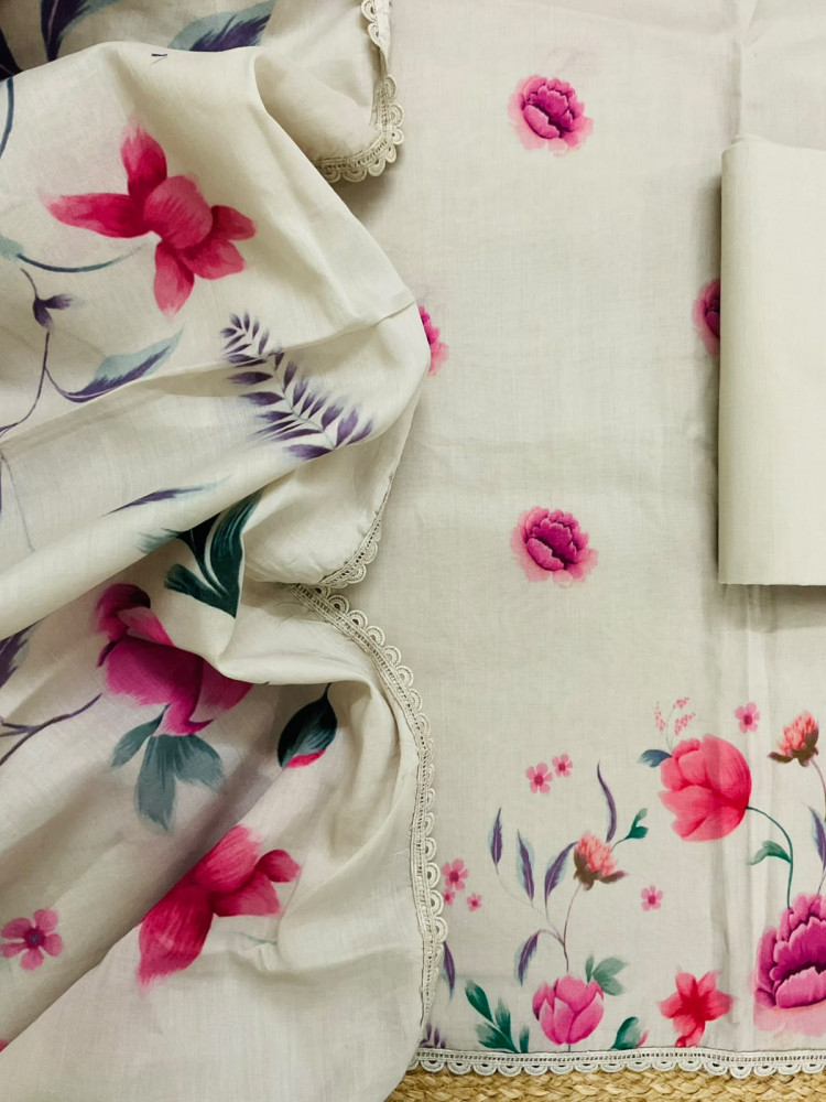 Image of Pure Cotton Printed Suit - Greyish Beige