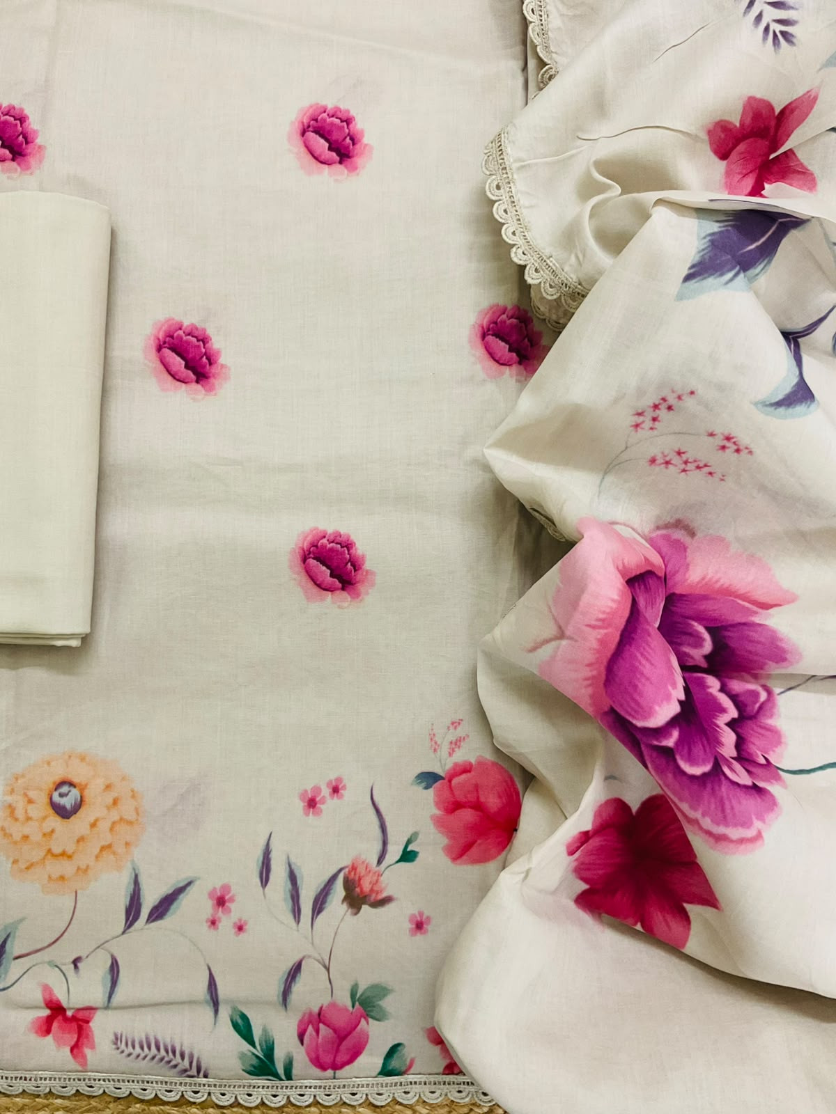 Pure Cotton Printed Suit - Greyish Beige