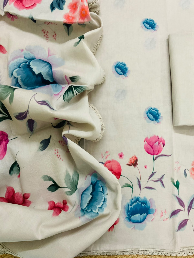 Image of Pure Cotton Printed Suit - Greyish Beige