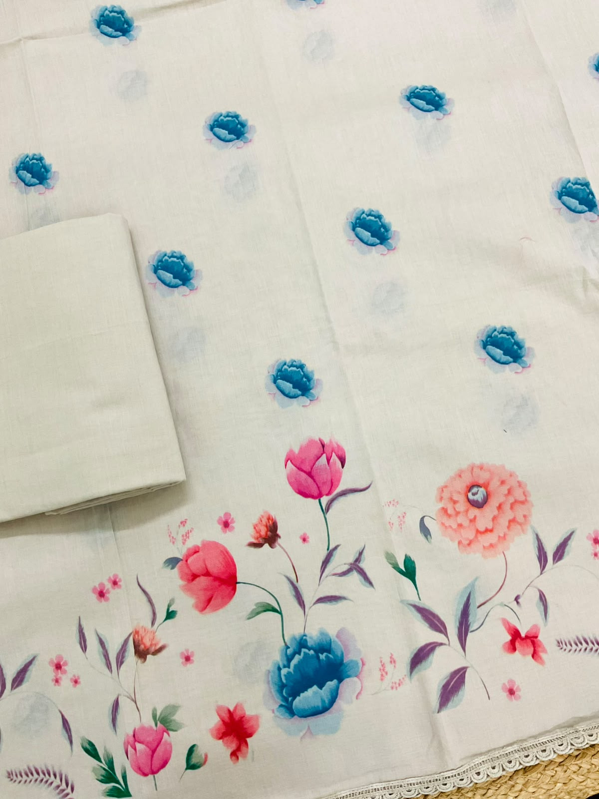 Pure Cotton Printed Suit - Greyish Beige