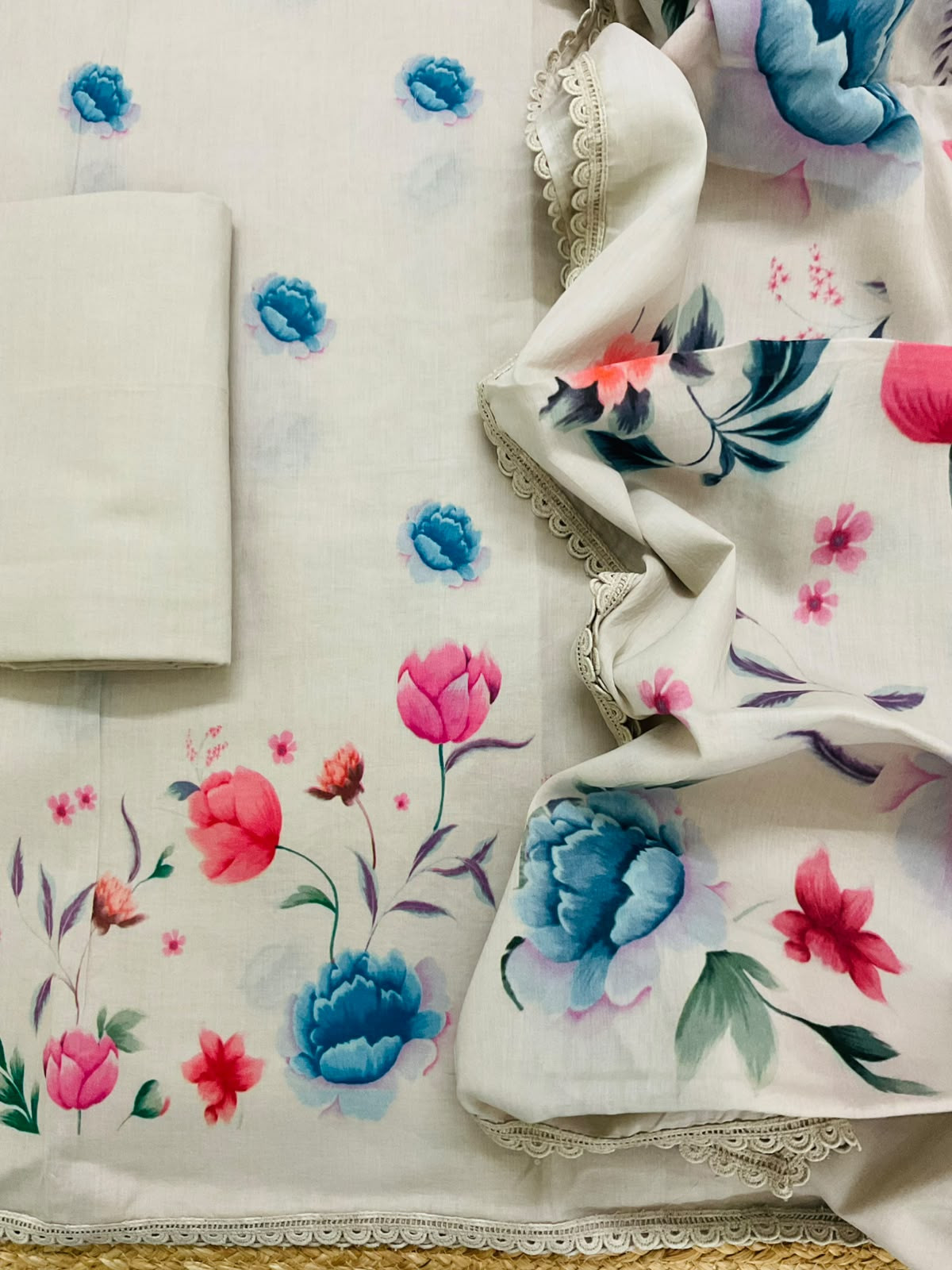 Pure Cotton Printed Suit - Greyish Beige
