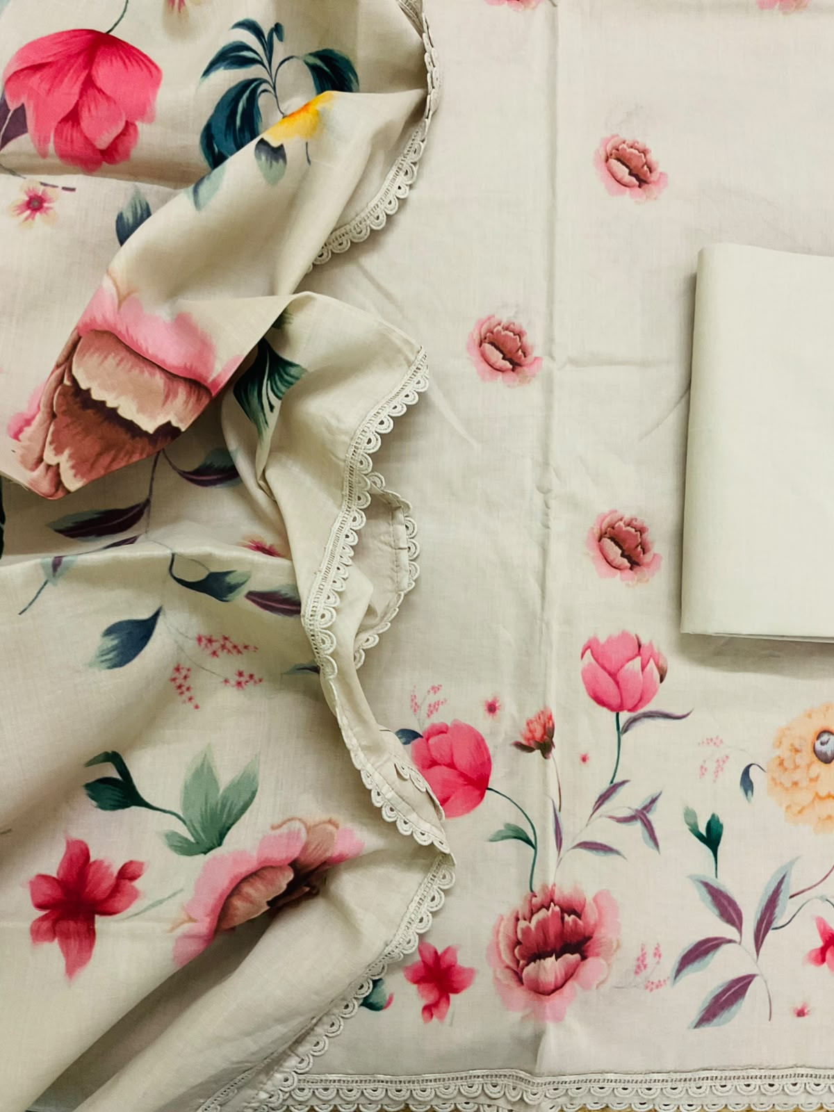 Pure Cotton Printed Suit - Greyish Beige