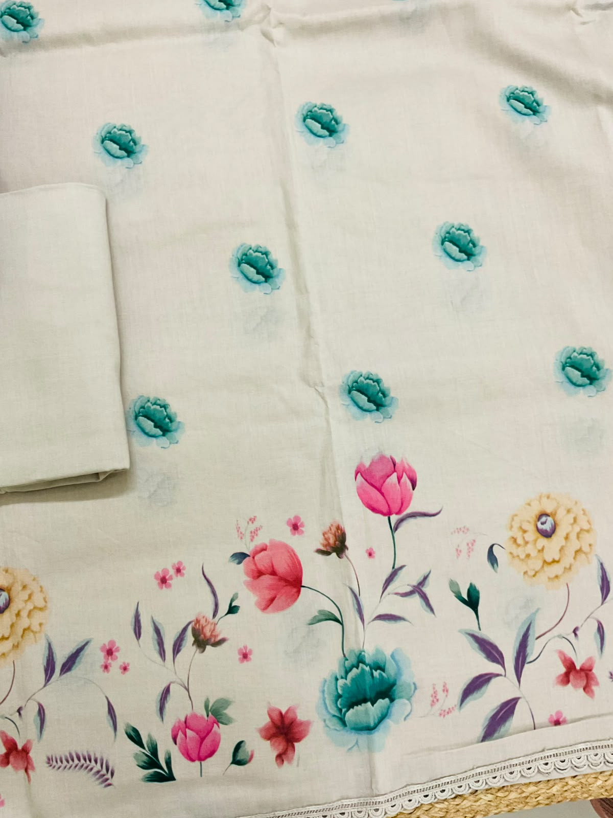 Pure Cotton Printed Suit - Greyish Beige
