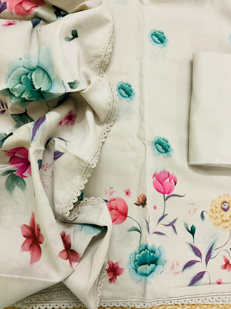 Image of Pure Cotton Printed Suit - Greyish Beige