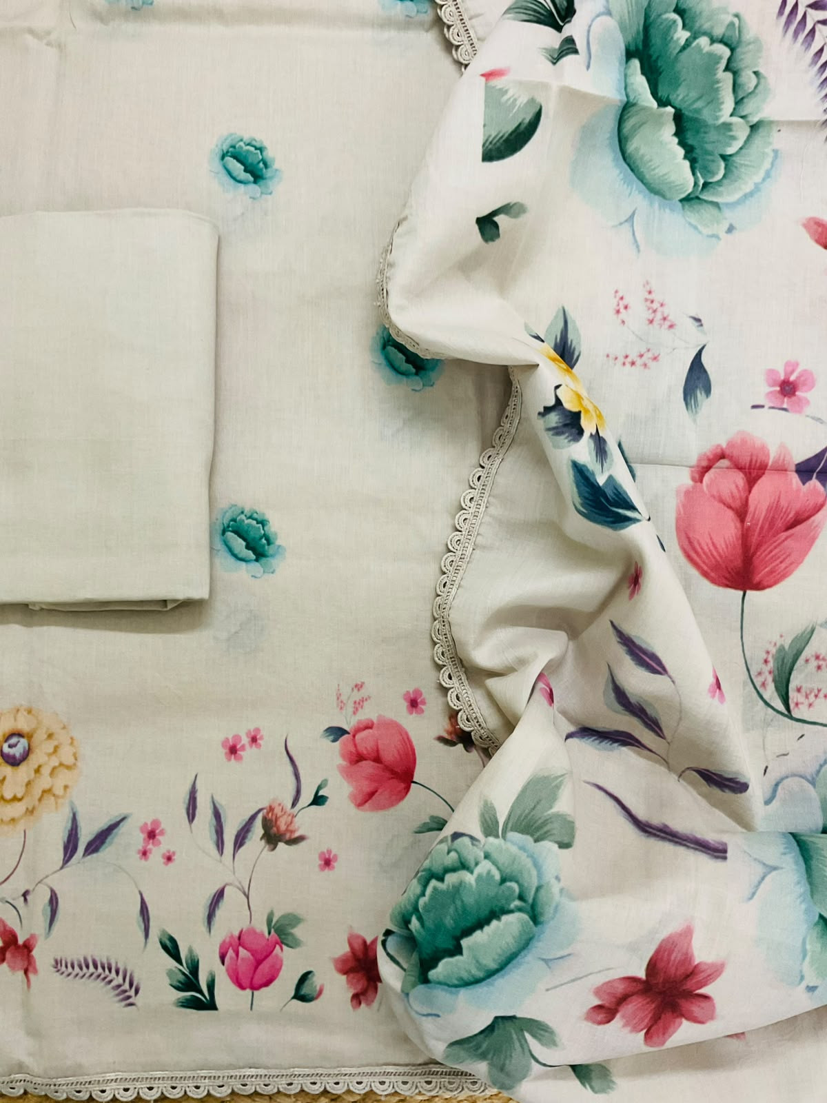 Pure Cotton Printed Suit - Greyish Beige