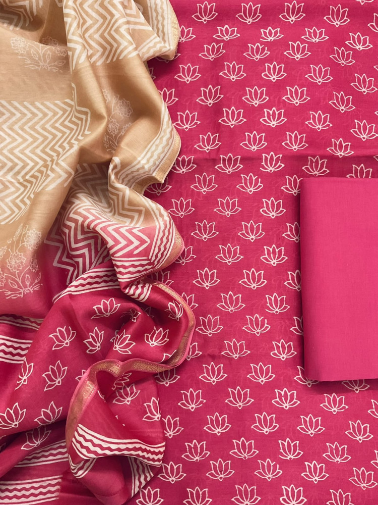 Image of Pure Maheshwari Printed Suit - Pink