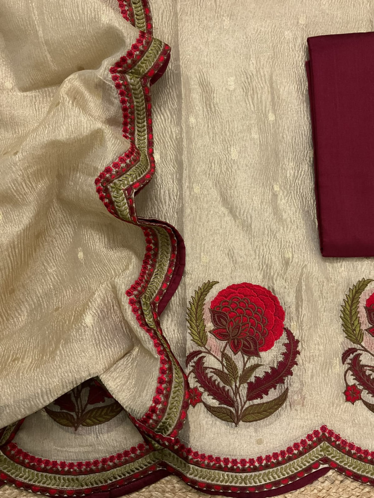 Image of Pure Crushed Tissue Shimmer Silk Banarasi Weaved Embroidered Suit - Golden