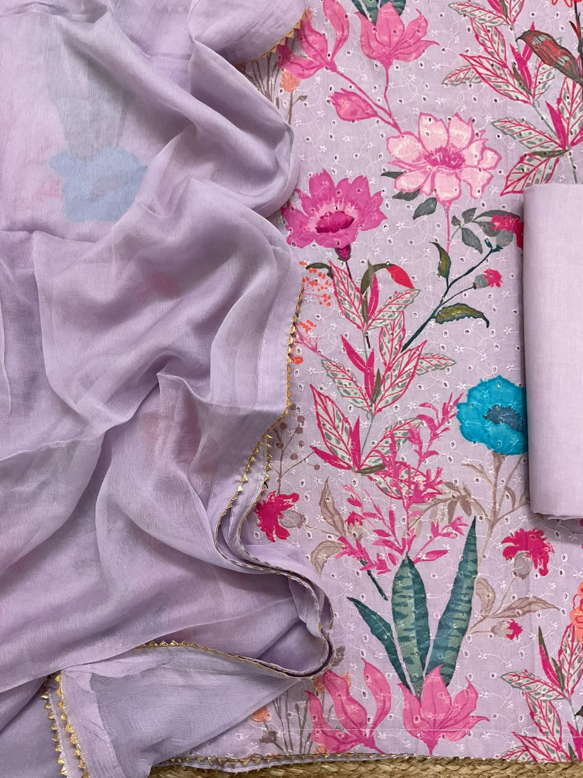 Pure Hakoba Cotton Printed Embroidered Suit - Lavender