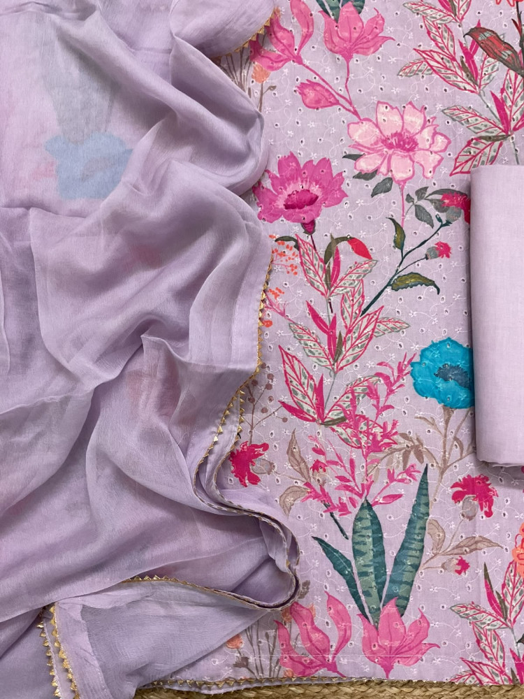 Image of Pure Hakoba Cotton Printed Embroidered Suit - Lavender