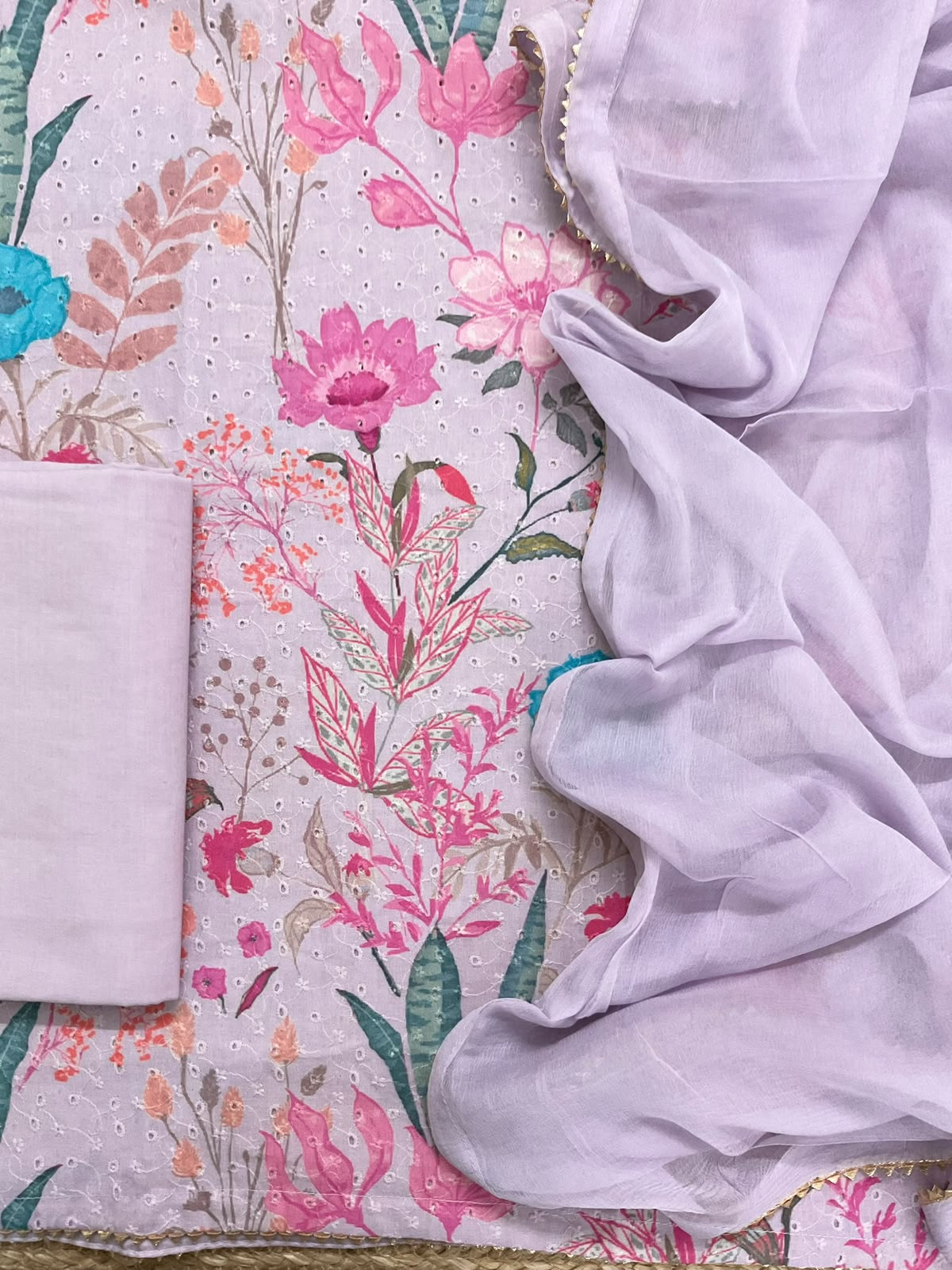 Pure Hakoba Cotton Printed Embroidered Suit - Lavender