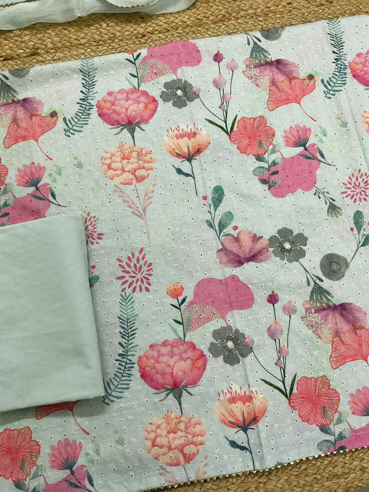Pure Hakoba Cotton Printed Embroidered Suit - Sea Green