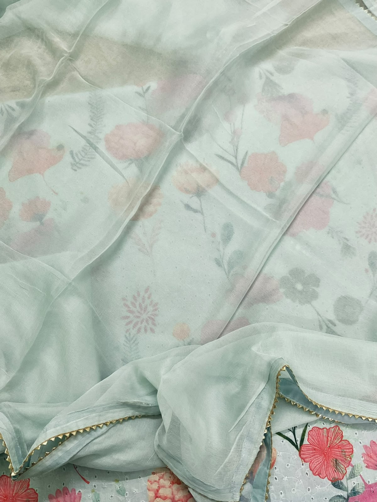 Pure Hakoba Cotton Printed Embroidered Suit - Sea Green