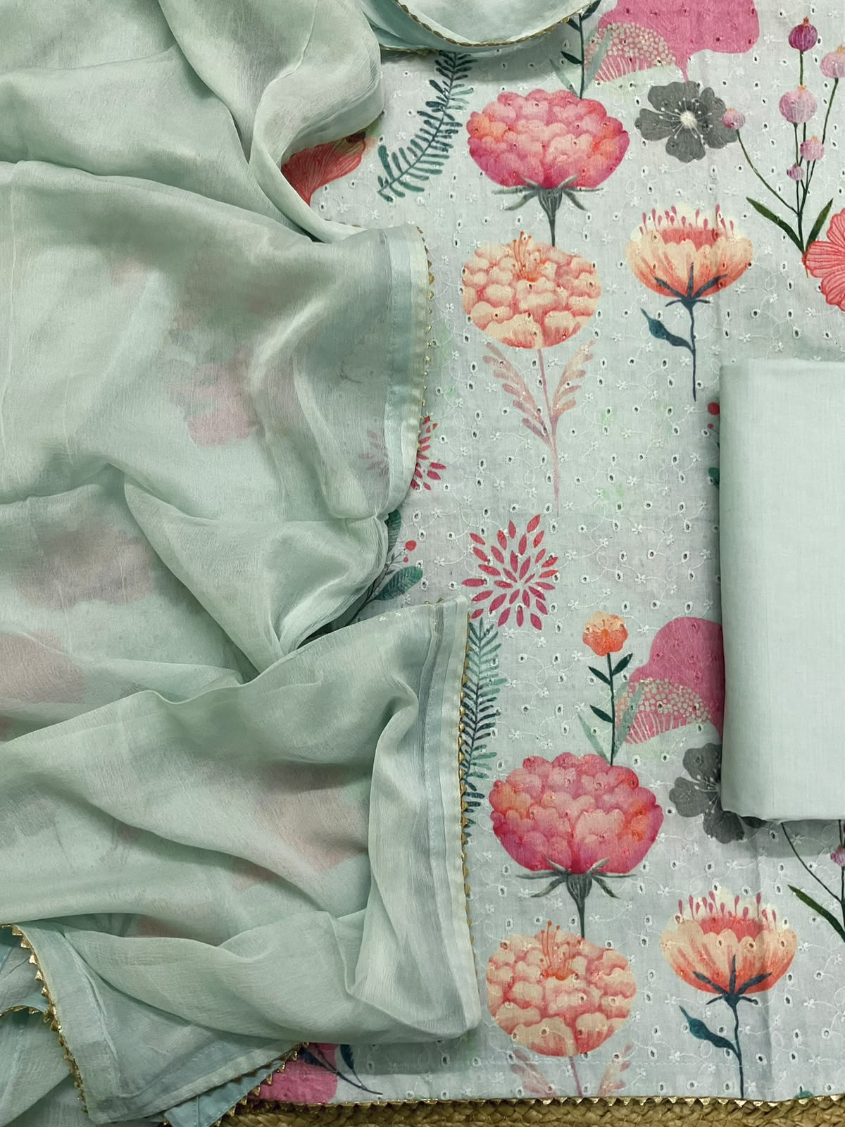 Pure Hakoba Cotton Printed Embroidered Suit - Sea Green