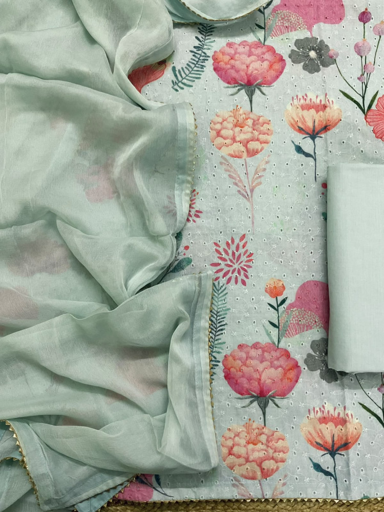 Image of Pure Hakoba Cotton Printed Embroidered Suit - Sea Green