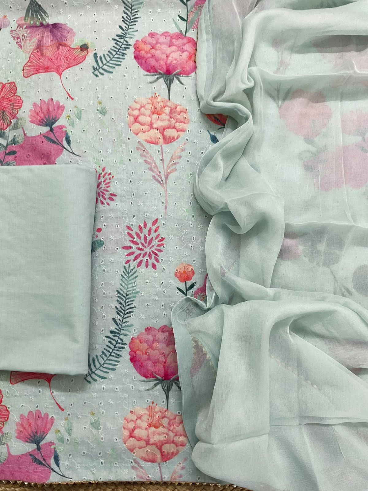 Pure Hakoba Cotton Printed Embroidered Suit - Sea Green