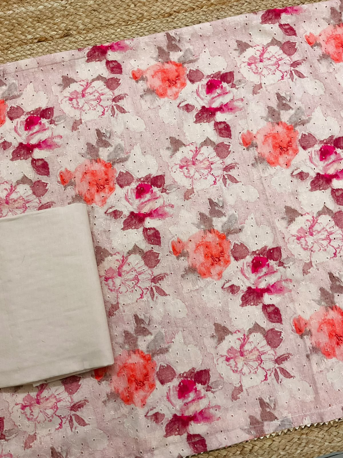 Pure Hakoba Cotton Printed Embroidered Suit - Peachish Cream