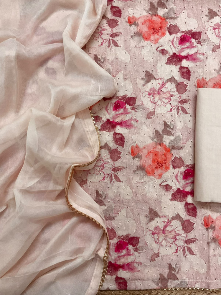 Image of Pure Hakoba Cotton Printed Embroidered Suit - Peachish Cream