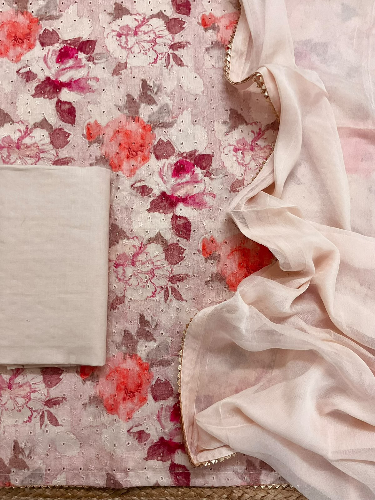 Pure Hakoba Cotton Printed Embroidered Suit - Peachish Cream