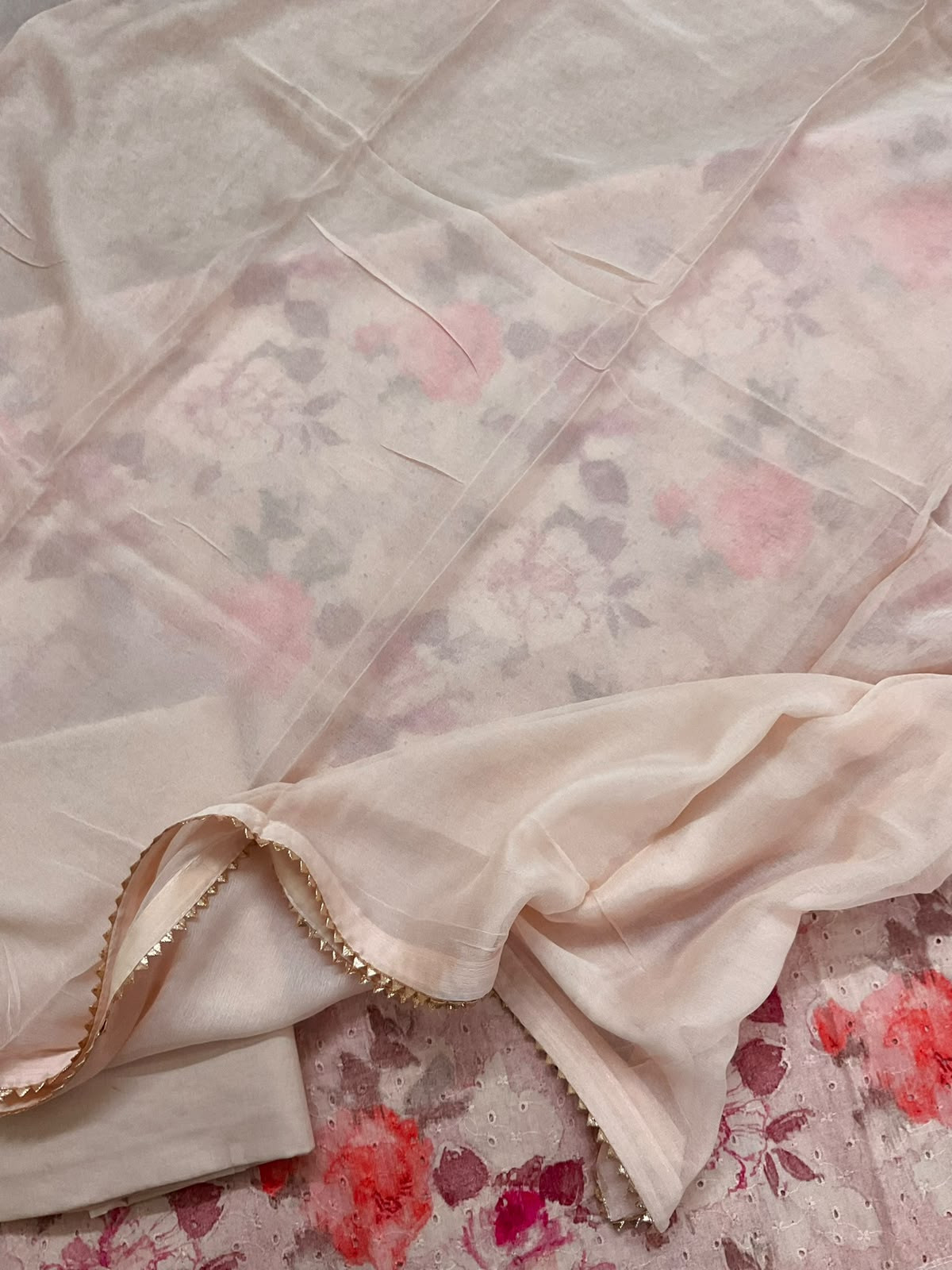 Pure Hakoba Cotton Printed Embroidered Suit - Peachish Cream