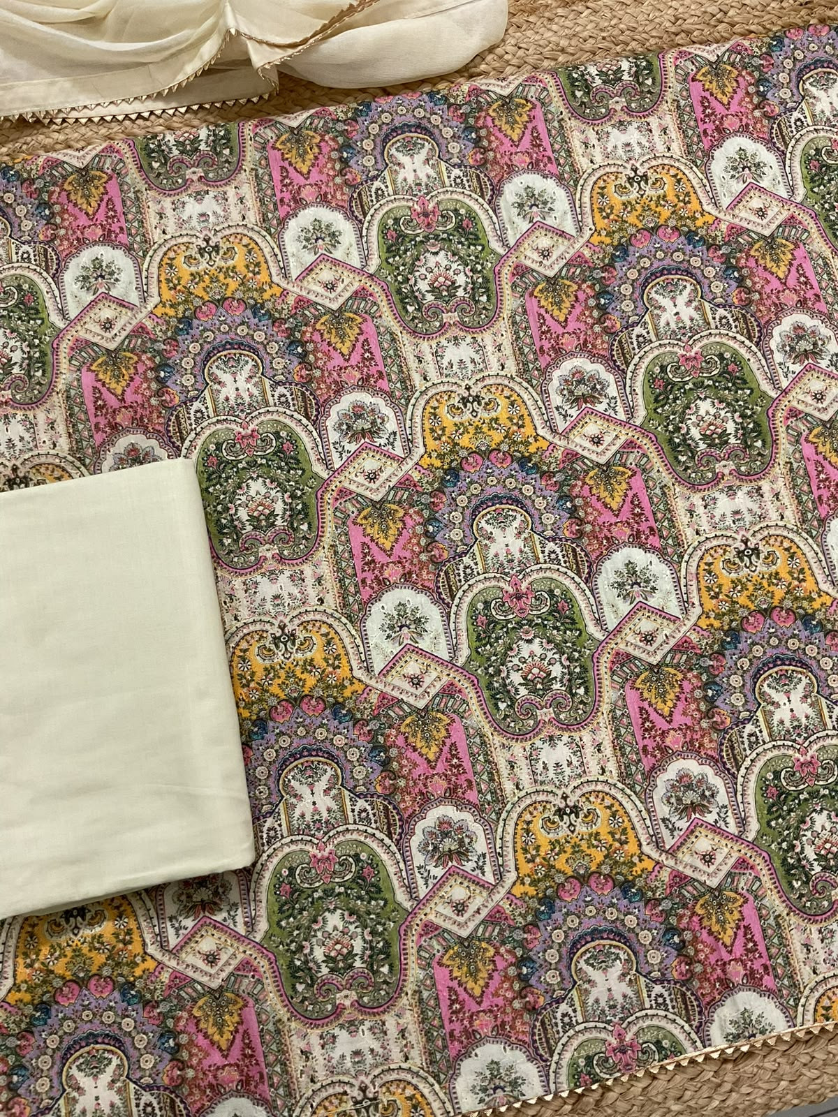 Pure Hakoba Cotton Printed Embroidered Suit - Cream