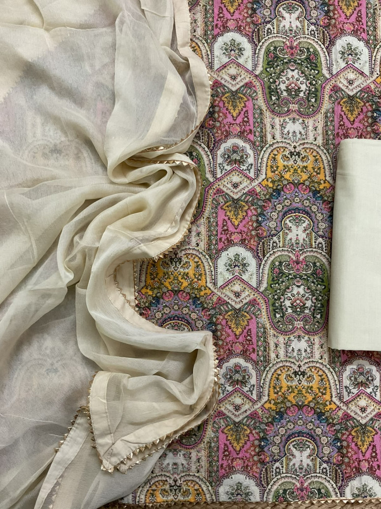 Image of Pure Hakoba Cotton Printed Embroidered Suit - Cream