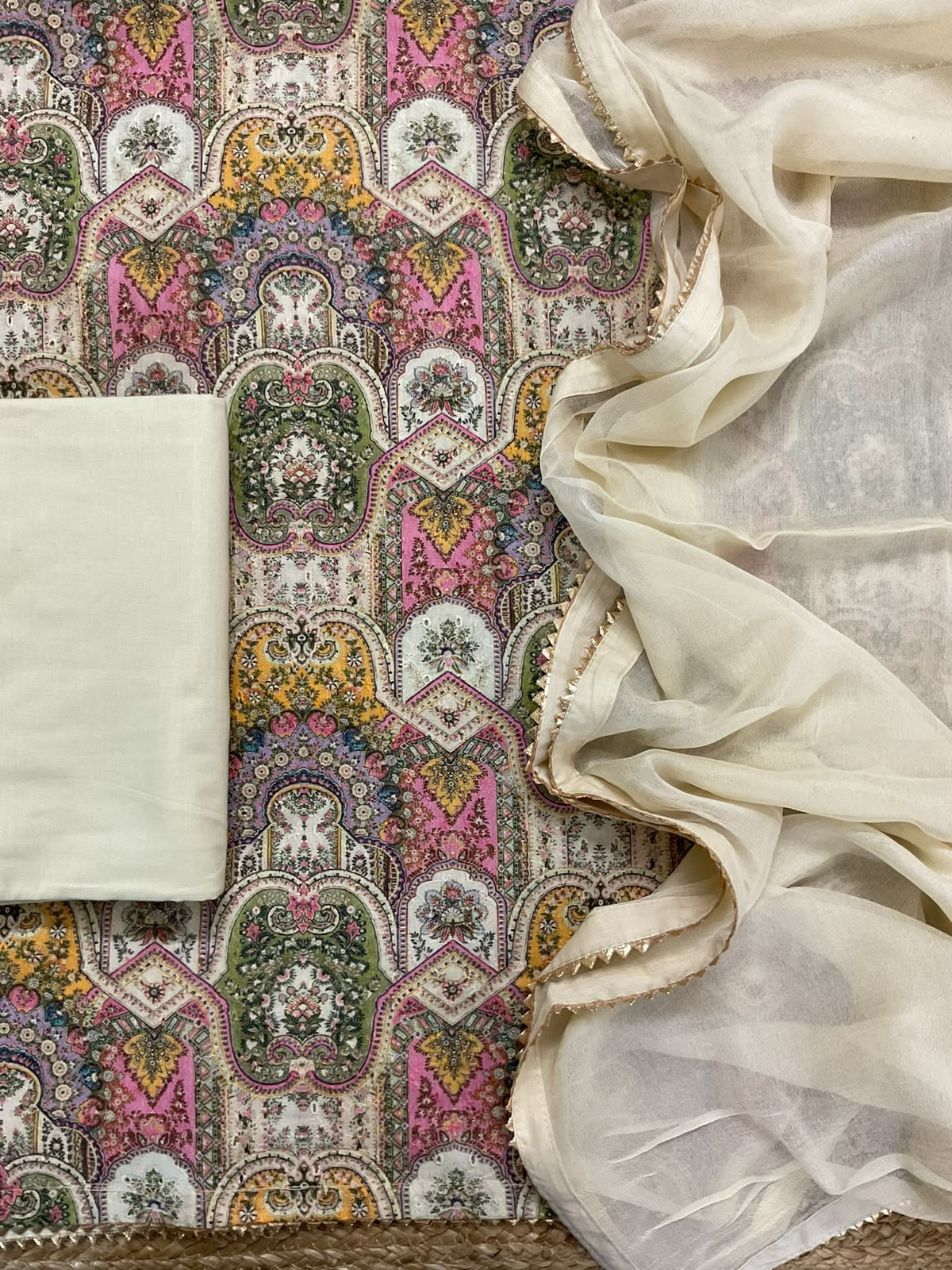 Pure Hakoba Cotton Printed Embroidered Suit - Cream