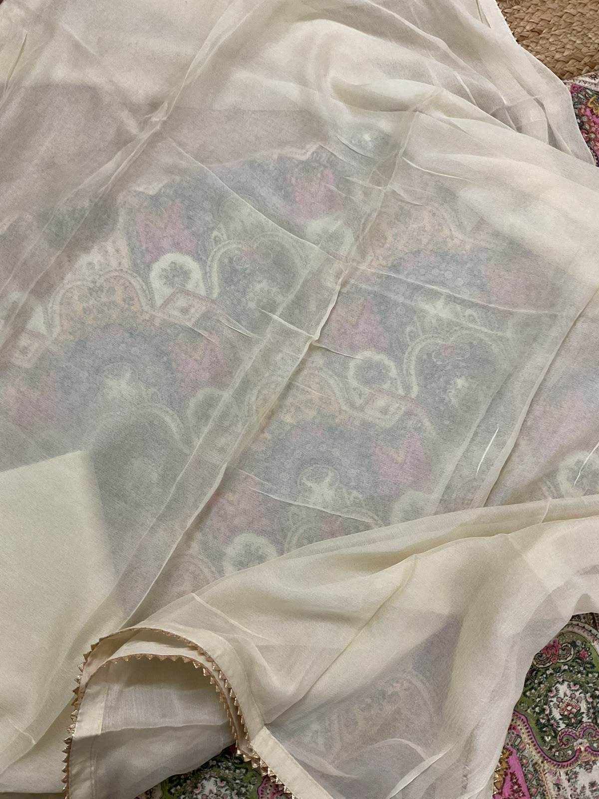 Pure Hakoba Cotton Printed Embroidered Suit - Cream