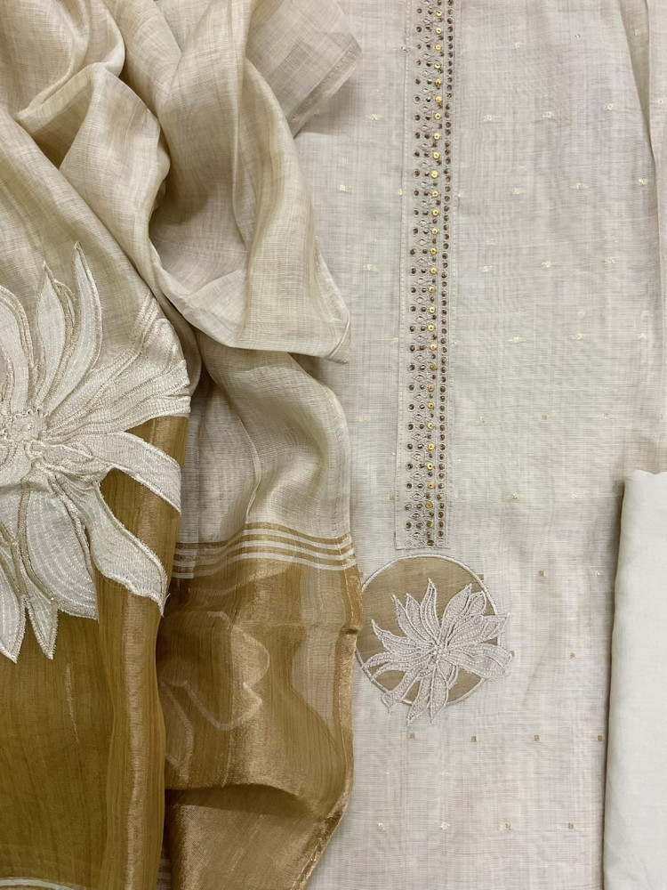 Image of Soft Slub Chanderi Banarasi Weaved Embroidered Suit - Beige