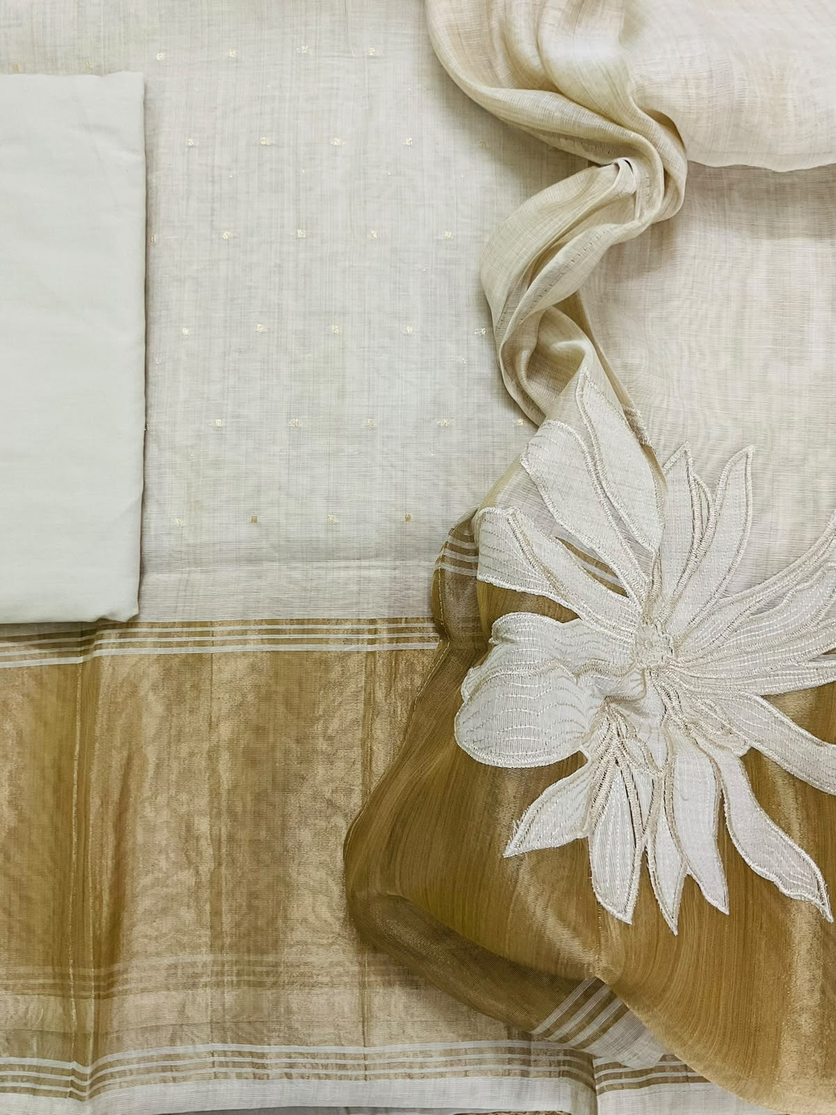 Soft Slub Chanderi Banarasi Weaved Embroidered Suit - Beige
