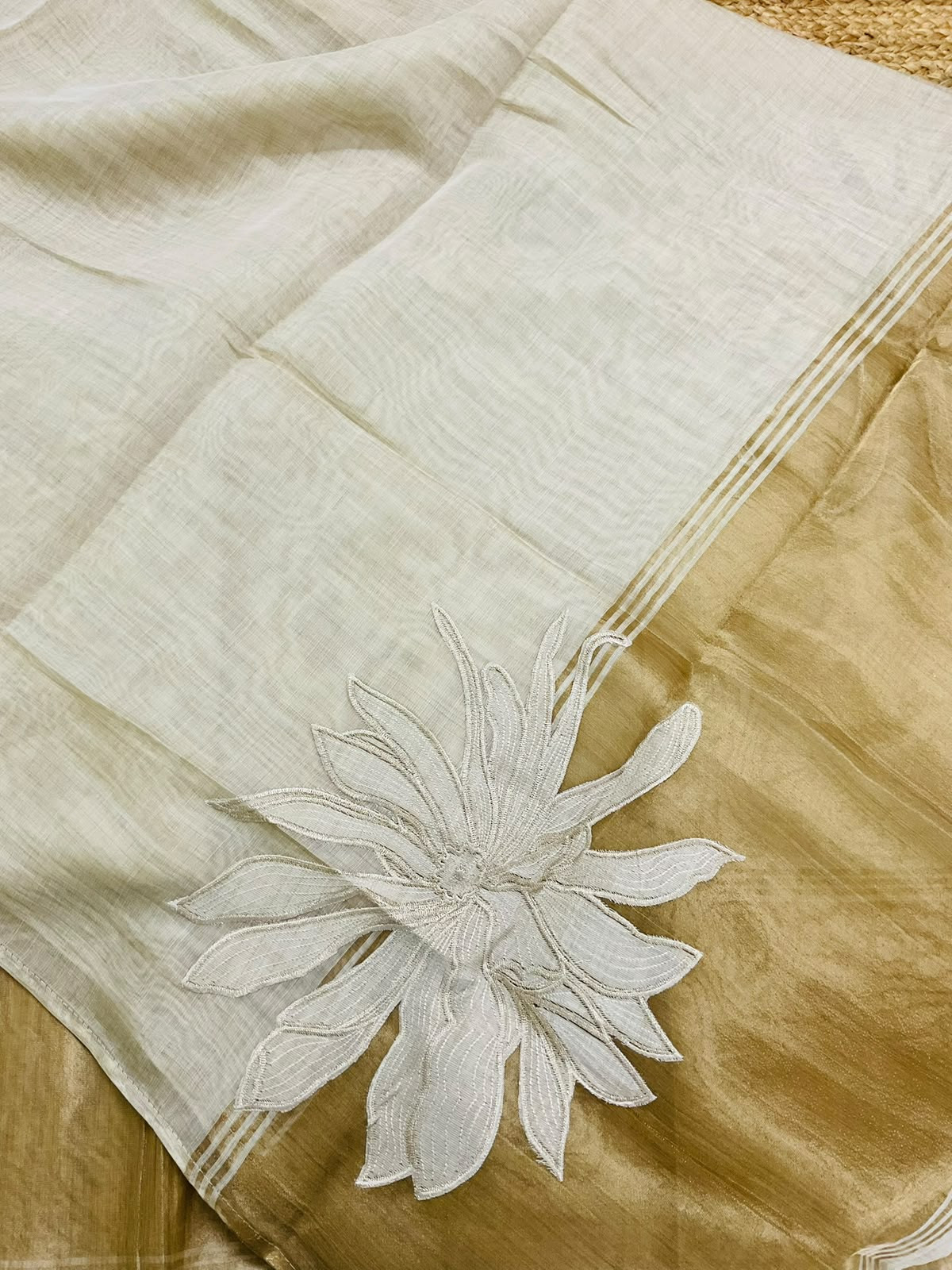 Soft Slub Chanderi Banarasi Weaved Embroidered Suit - Beige