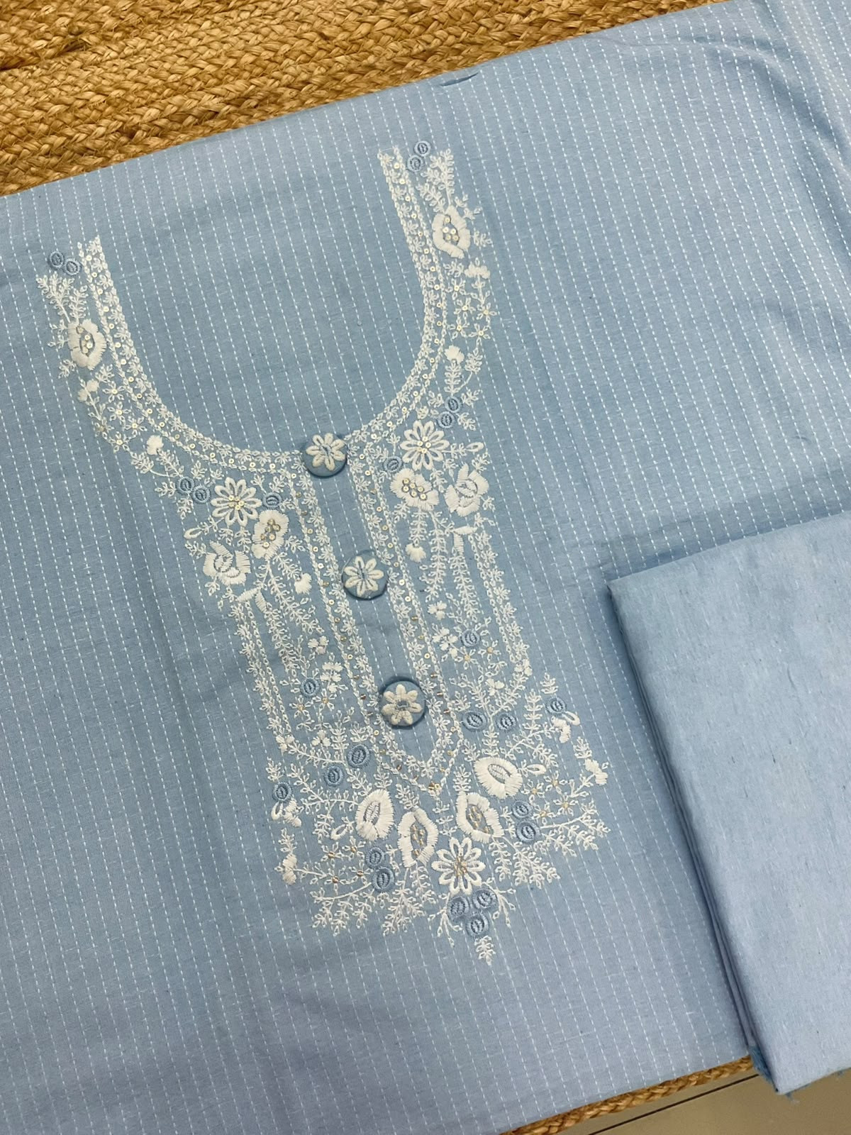 Soft Linen Cotton Silk Embroidered Set - Blue