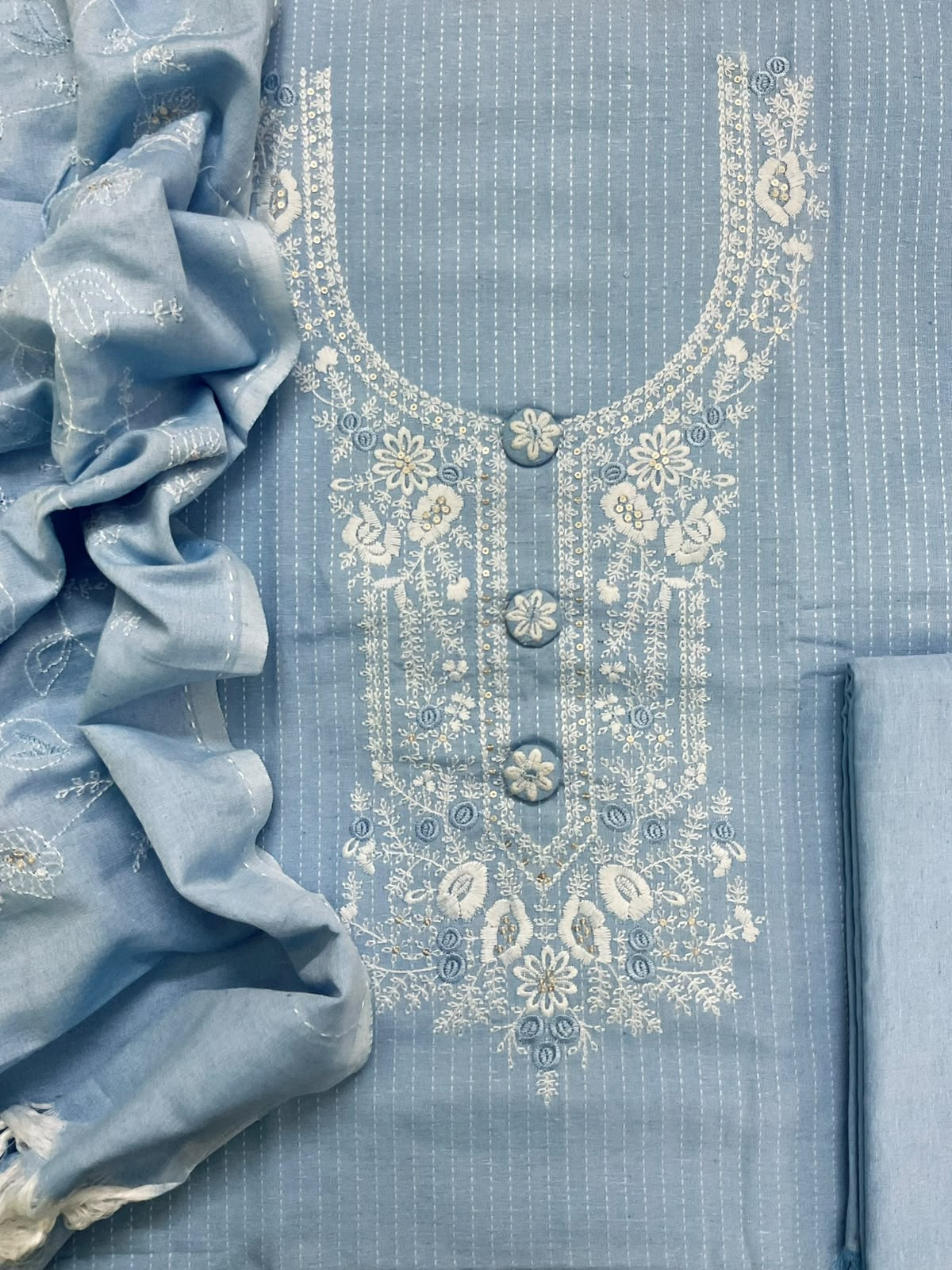 Soft Linen Cotton Silk Embroidered Set - Blue