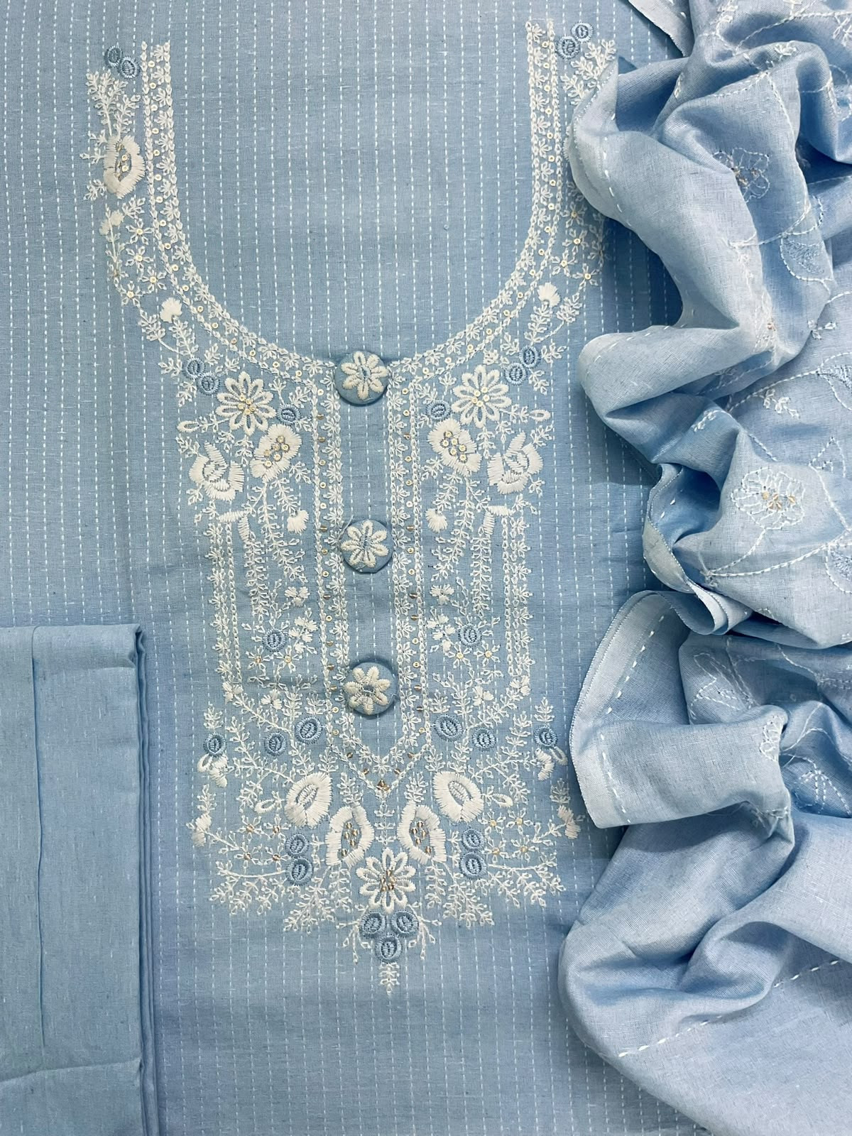 Soft Linen Cotton Silk Embroidered Set - Blue
