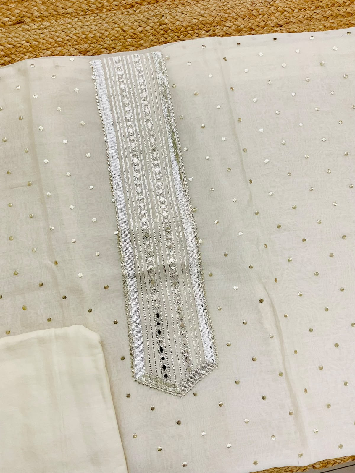 Pure Mul Chanderi Banarasi Weaved Embroidered Suit - Off White