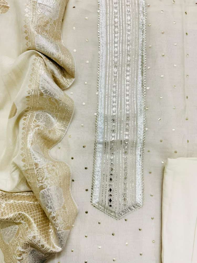 Image of Pure Mul Chanderi Banarasi Weaved Embroidered Suit - Off White