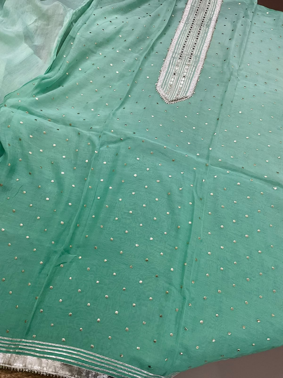 Pure Mul Chanderi Banarasi Weaved Embroidered Suit - Sea Green