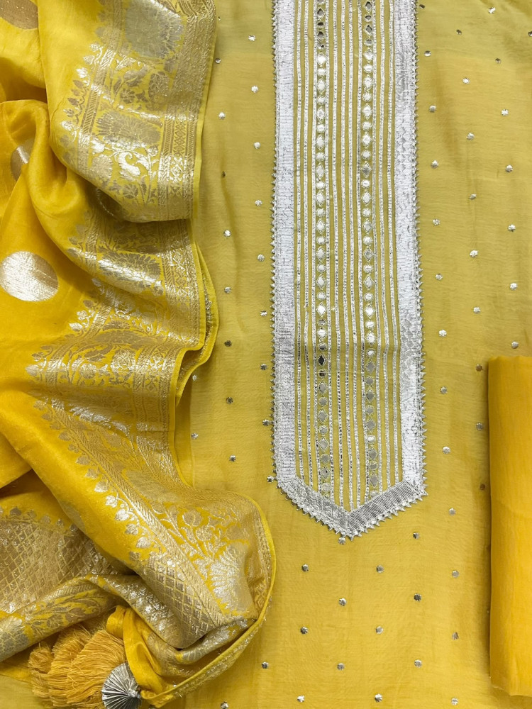 Image of Pure Mul Chanderi Banarasi Weaved Embroidered Suit - Yellow