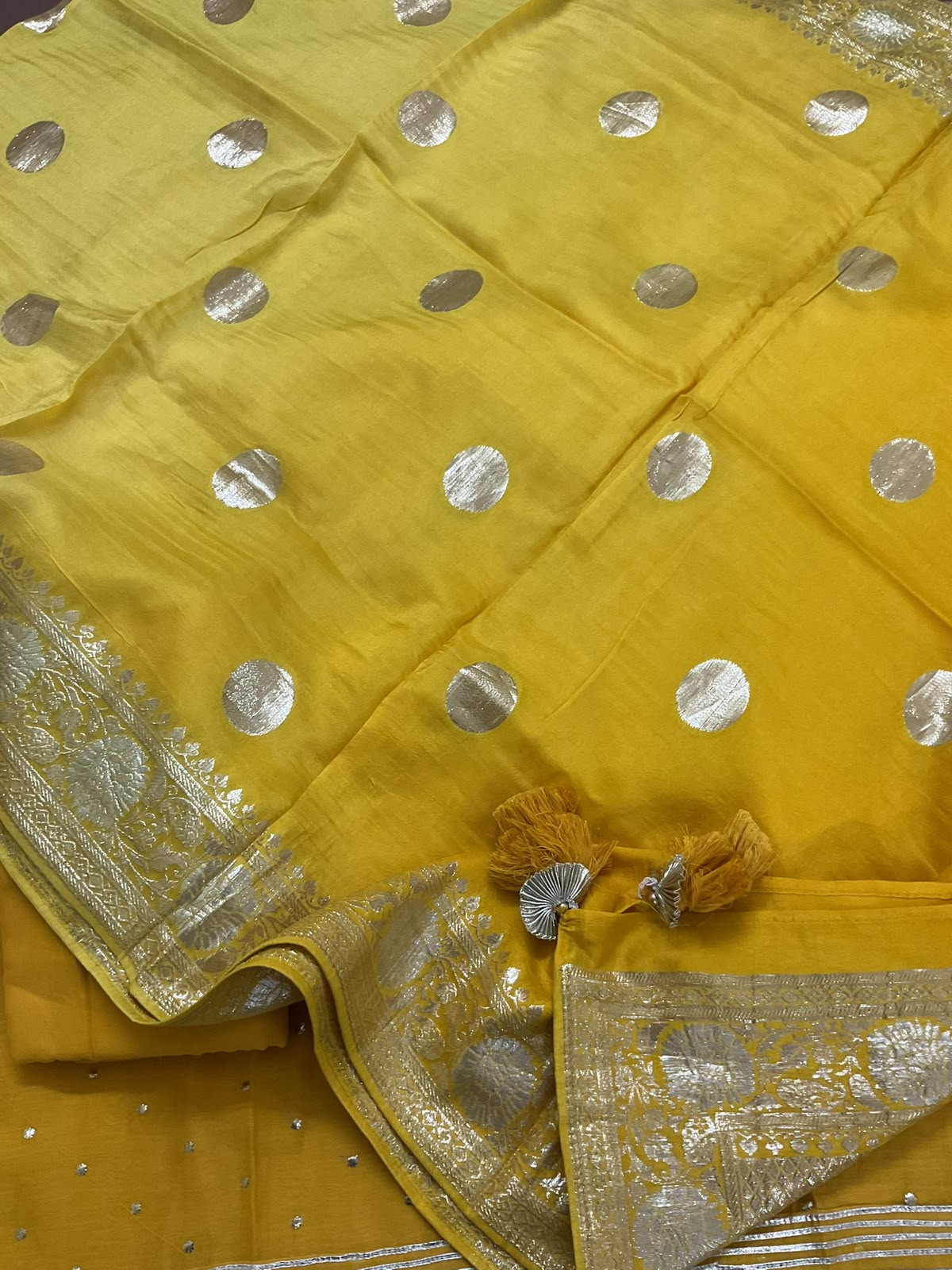 Pure Mul Chanderi Banarasi Weaved Embroidered Suit - Yellow