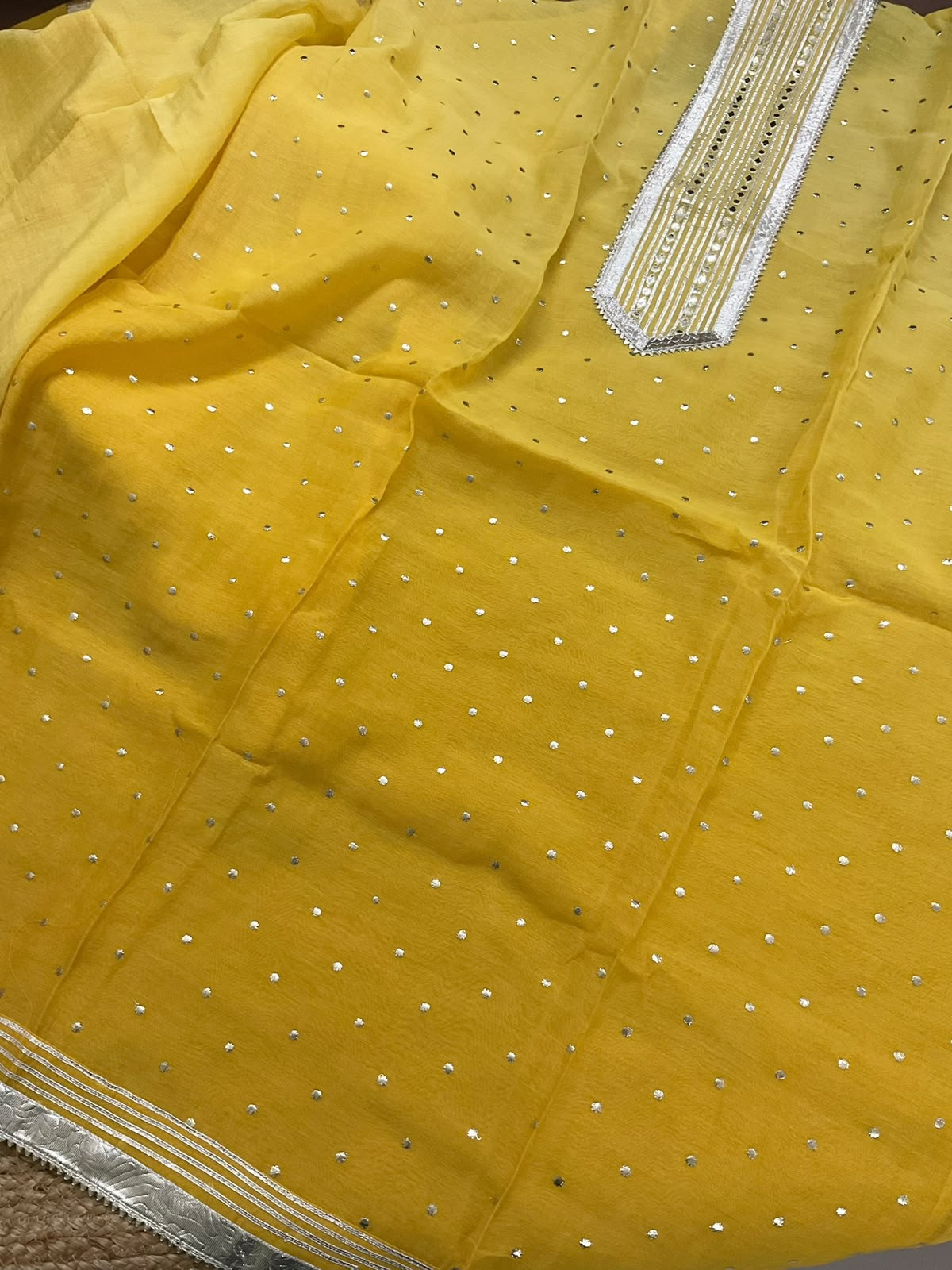 Pure Mul Chanderi Banarasi Weaved Embroidered Suit - Yellow