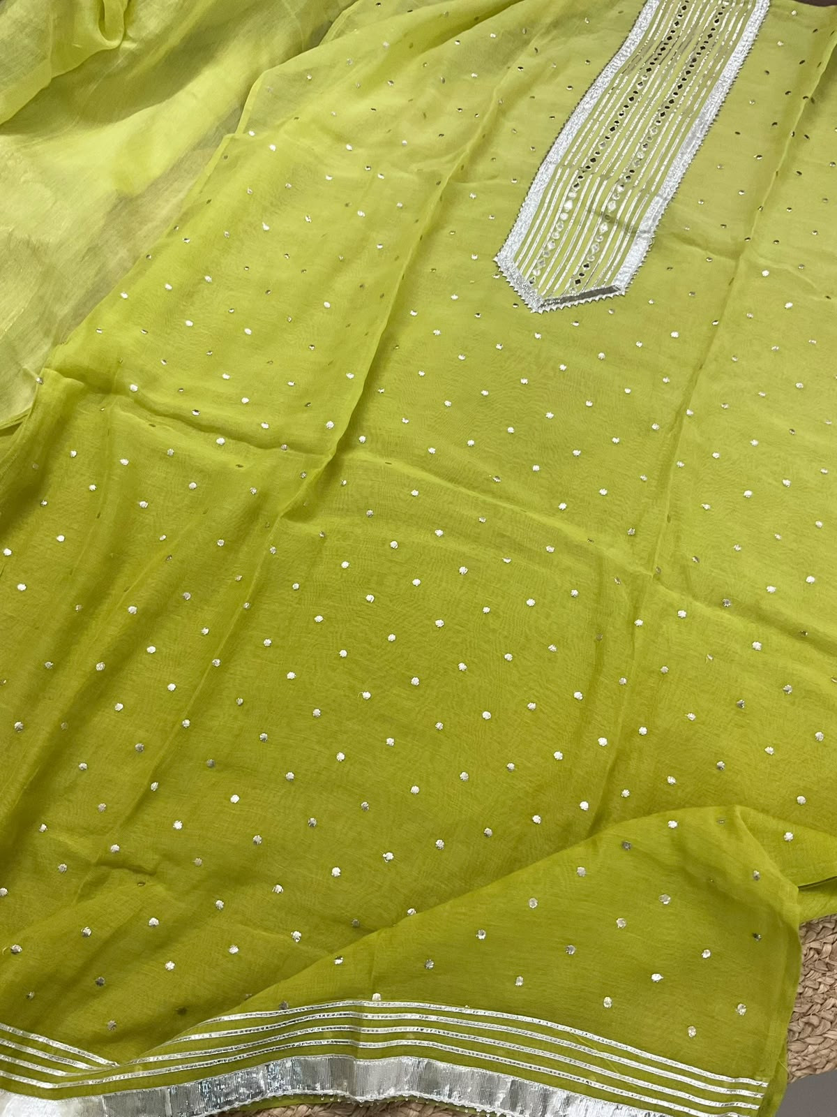 Pure Mul Chanderi Banarasi Weaved Embroidered Suit - Green