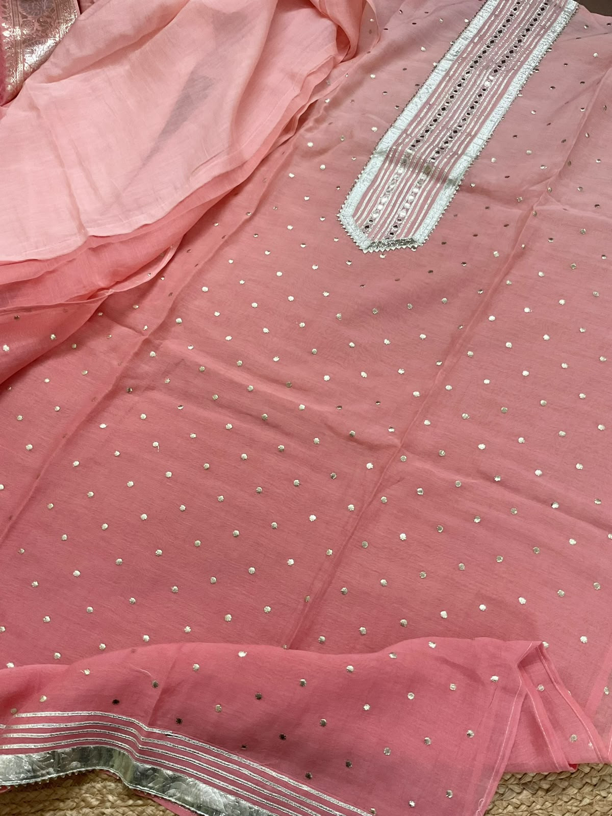 Pure Mul Chanderi Banarasi Weaved Embroidered Suit - Peach