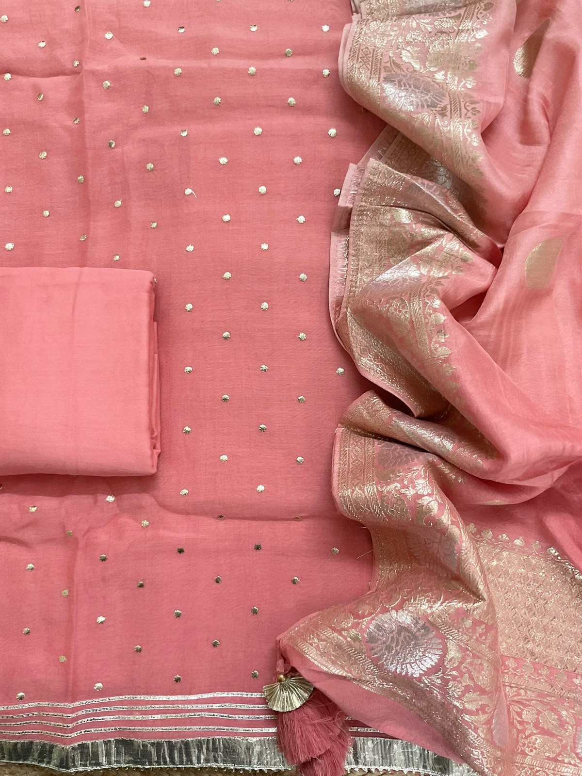 Pure Mul Chanderi Banarasi Weaved Embroidered Suit - Peach