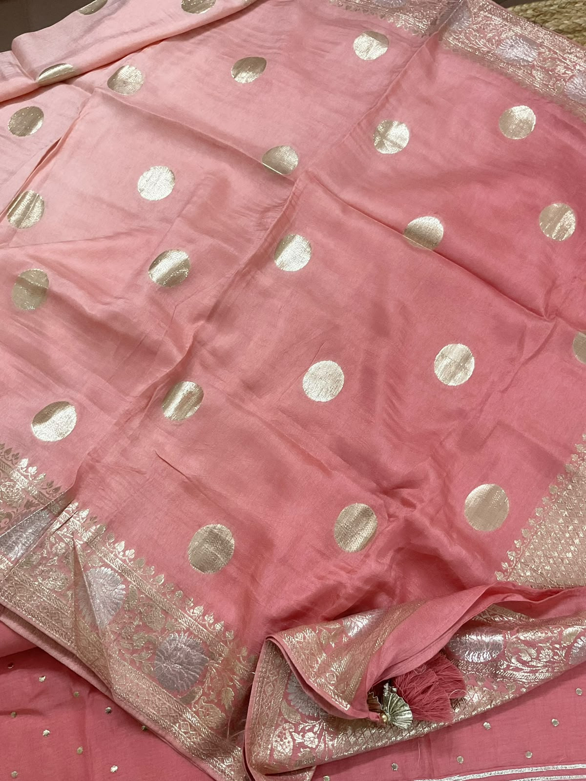 Pure Mul Chanderi Banarasi Weaved Embroidered Suit - Peach